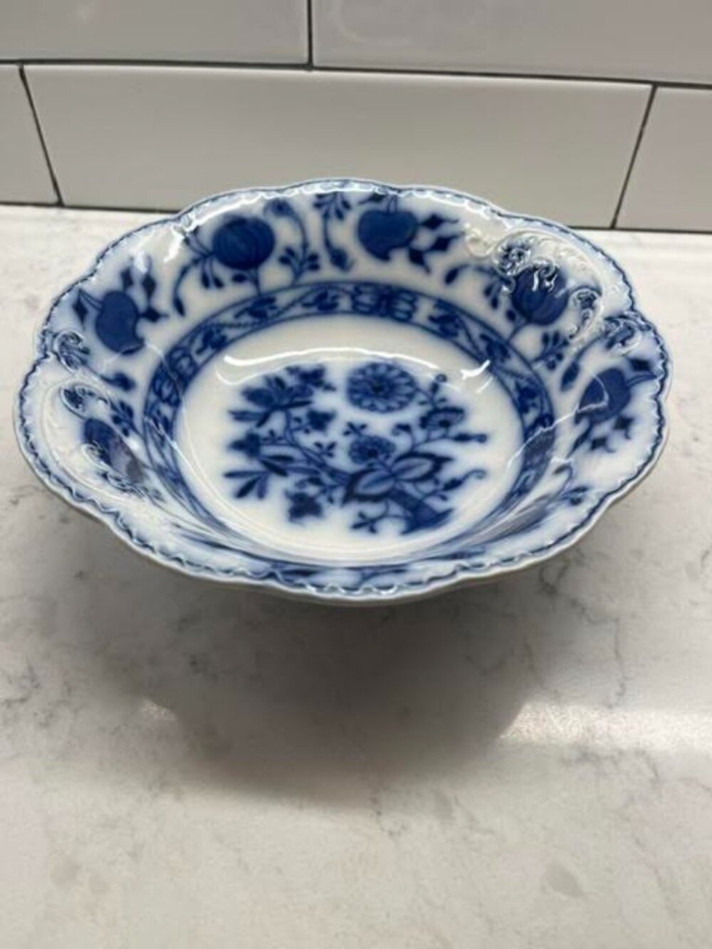 Antique Johnson Brothers Holland Flow Blue "Blue Onion" 8.50" Round Serving Bowl